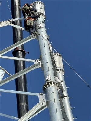 Angajati în construcția rețelei electrice africane, stâlpi dubli super-mari livrați în Nigeria.